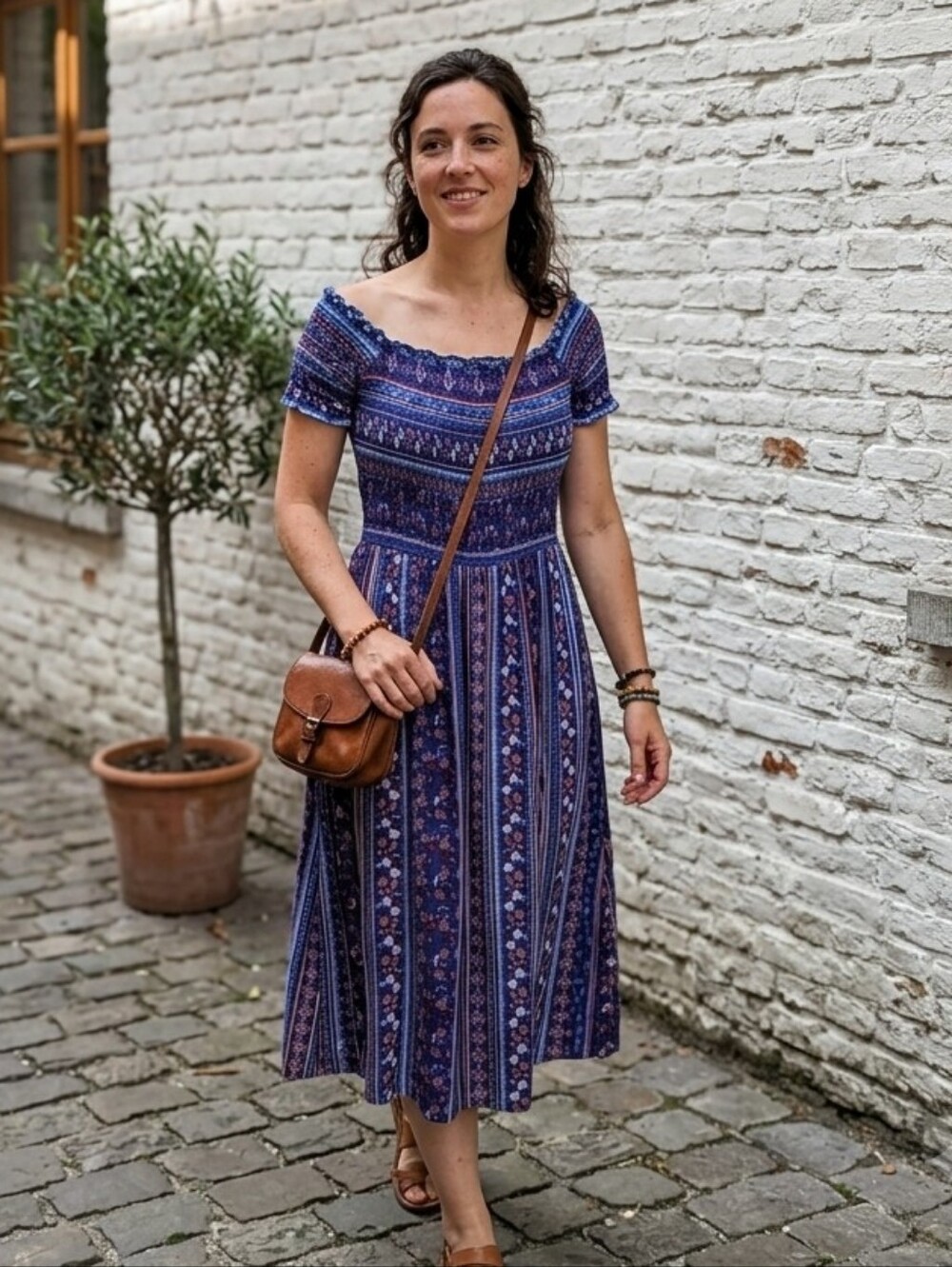 Bleuh Ciel Womens Boho Blue Geometric Pattern Midi Dress Smocked Bodice Prairie
